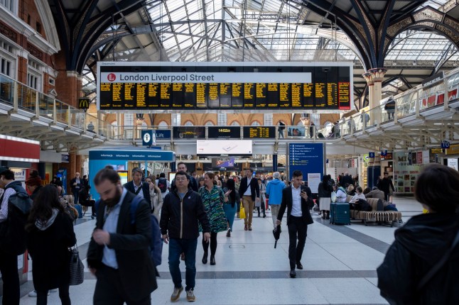 Interior of Liverpool Street train station busy with commuters on 8th October 2024 in London, United Kingdom. Liverpool Street station, also known as London Liverpool Street, is a central London railway terminus and connected London Underground station in the north-eastern corner of the City of London. (photo by Mike Kemp/In Pictures via Getty Images)