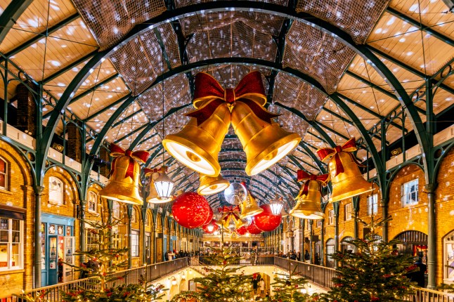 Covent Garden Market decorated for Christmas in winter, London, England, UK