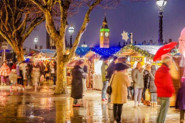 The Southbank Centre Christmas Market, on the background the Big Ben