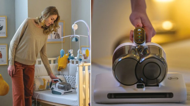 Image of woman using Hoover 4-in-1 Corded Handheld UV Mattress Vacuum Cleaner