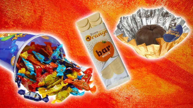 Terry's Chocolate Orange products on a bright orange background