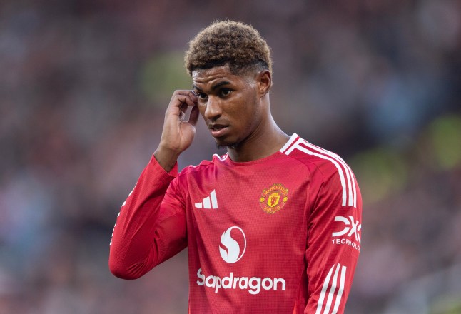 MANCHESTER, ENGLAND - OCTOBER 19: Marcus Rashford of Manchester United during the Premier League match between Manchester United FC and Brentford FC at Old Trafford on October 19, 2024 in Manchester, England. (Photo by Visionhaus/Getty Images)