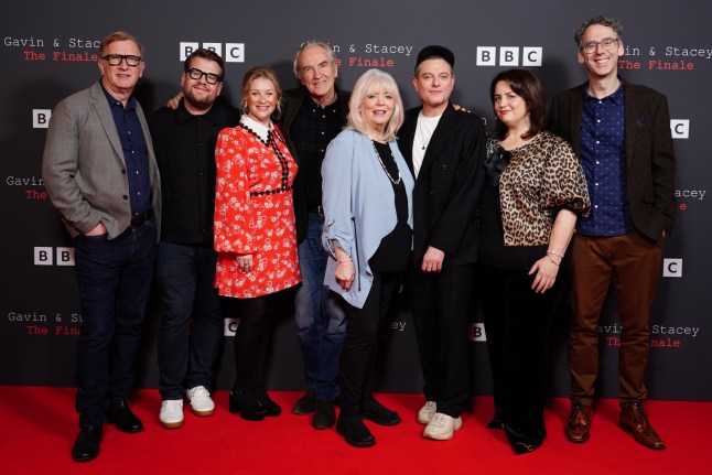 (left to right) Steffan Rhodri, James Corden, Joanna Page, Larry Lamb, Alison Steadman, Mathew Horne, Ruth Jones and Robert Wilfort attend a BBC launch event for Gavin and Stacey: The Finale, at Ham Yard Hotel in London. Picture date: Wednesday December 18, 2024. PA Photo. See PA story SHOWBIZ GavinAndStacey. Photo credit should read: Ian West/PA Wire