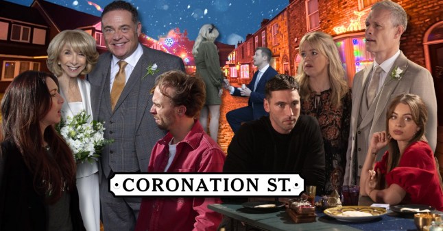 Composite image of David, Shona, Gail and Bethany Platt with Jesse Chadwick, Daniel Osbourne, Kit Green, Nick Tilsley, Toyah Habeeb and Daisy Midgeley on a Christmas Coronation Street