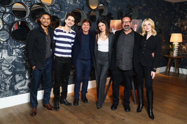 LONDON, ENGLAND - DECEMBER 17: (L-R) Greg Tarzan Davis, Timoth??e Chalamet, Tom Cruise, Monica Barbaro, James Mangold and Elle Fanning attend the UK Awards Screening of Searchlight Pictures' "A Complete Unknown" at Ham Yard Hotel on December 17, 2024 in London, England. (Photo by Tim P. Whitby/Getty Images for The Walt Disney Company Limited)