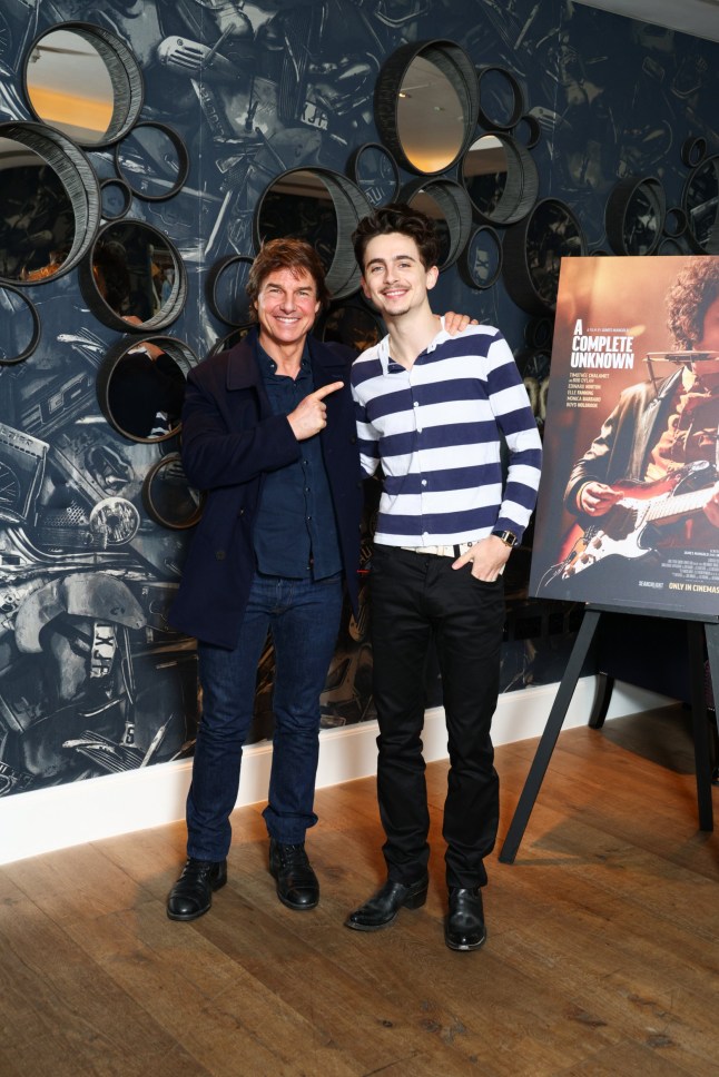 LONDON, ENGLAND - DECEMBER 17: Tom Cruise and Timoth??e Chalamet attend the UK Awards Screening of Searchlight Pictures' "A Complete Unknown" at Ham Yard Hotel on December 17, 2024 in London, England. (Photo by Tim P. Whitby/Getty Images for The Walt Disney Company Limited)