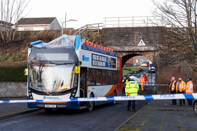 A double decker bus crashed into the bridge on Culzean Crescent in Kilmarnock taking the roof off Photography by Jamie Williamson ?? Jamie Williamson, all rights reserved jamiewilliamson.com @jwilliamsonpix +44 (0) 7989 437787 williamsonphotos@mac.com