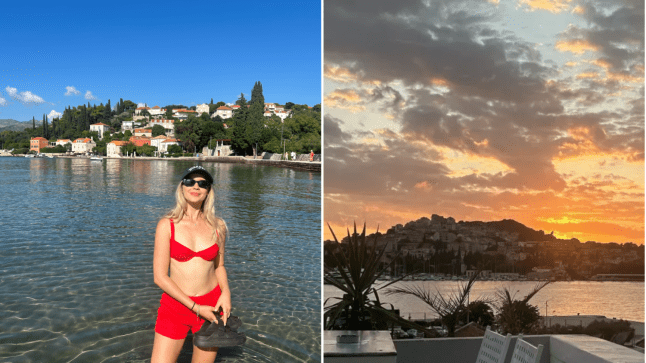 (L) a blonde woman in a red bikini and sarong standing in the sea, and (R) a sunset over the sea in Dubrovnik, Croatia